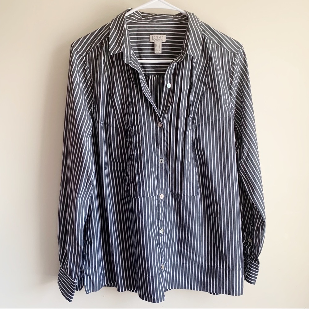 LOGO Lori Goldstein Pleated Striped Button Blouse